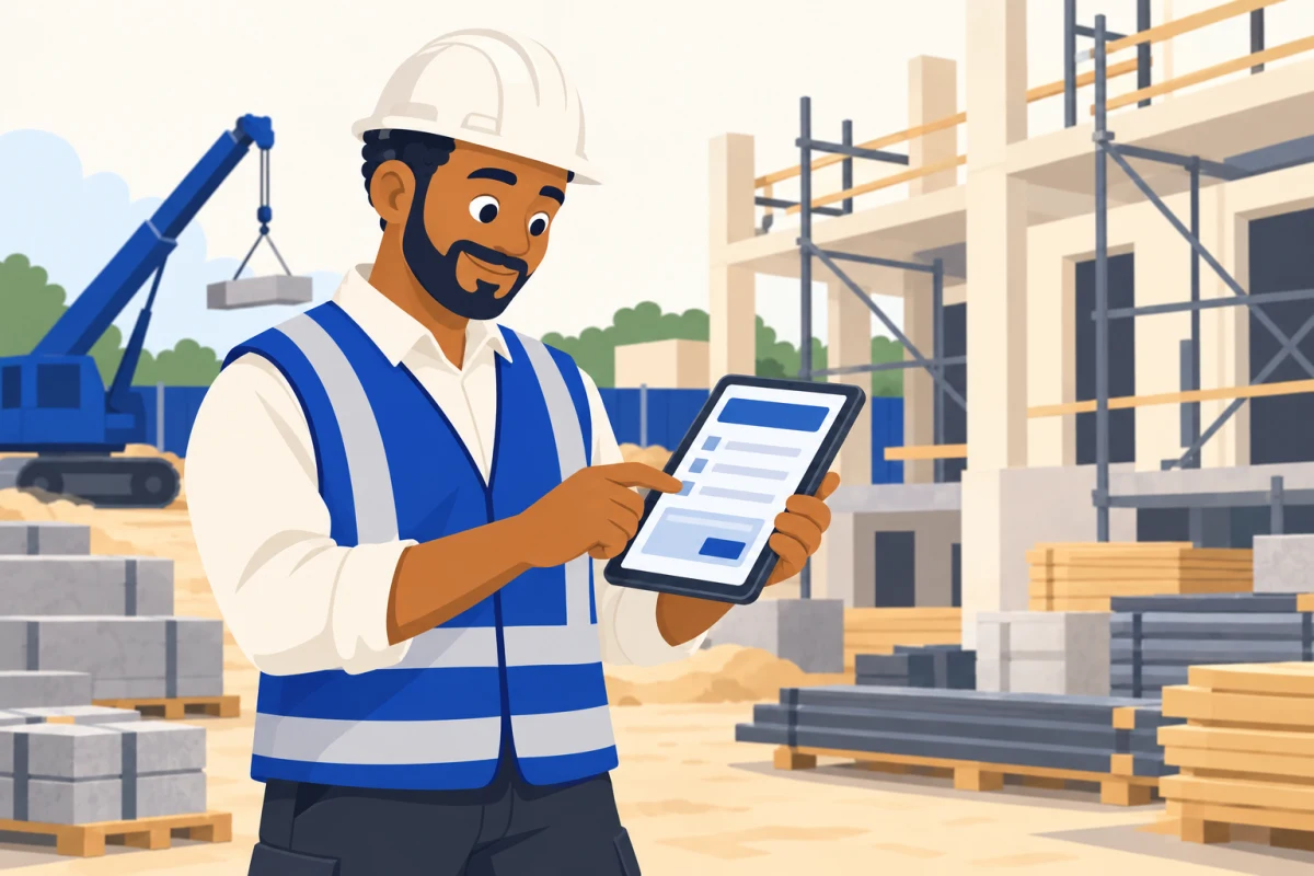 Illustration: a contractor reviewing an invoice on a tablet at a building site