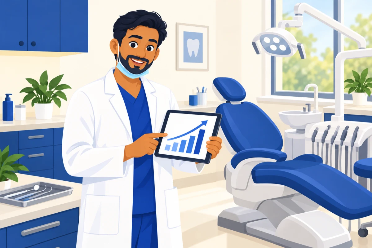 Illustration: a dentist checking the practice numbers