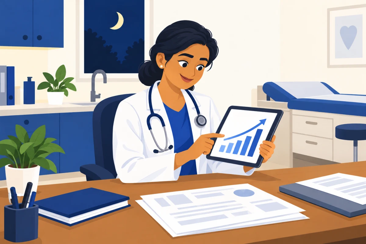 Illustration: a doctor reviewing numbers on a tablet