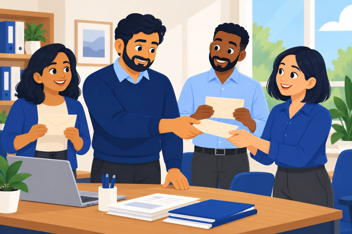 Illustration: a manager handing pay envelopes to a smiling team