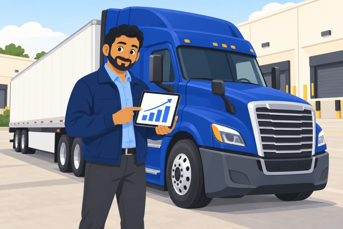 Illustration: a trucking owner beside a truck with a tablet