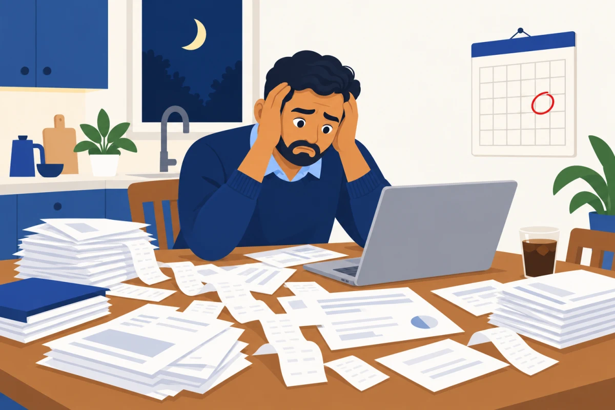 Illustration: a stressed business owner at his kitchen table late at night, surrounded by receipts, with a deadline circled on the calendar
