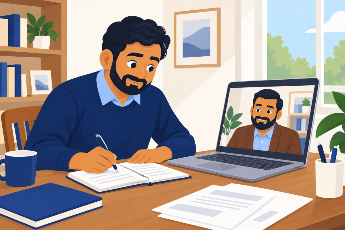 Illustration: the owner on a video call with his accountant, taking notes and looking relieved