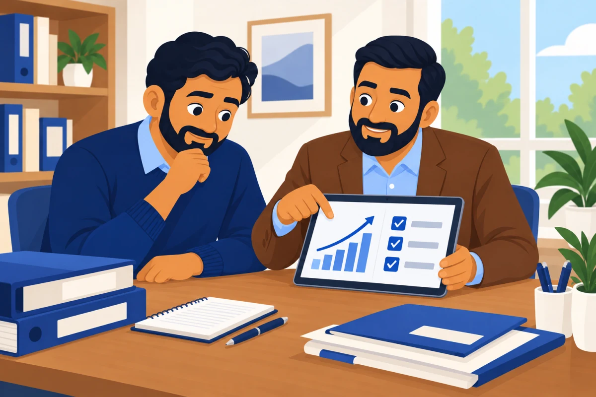 Illustration: the accountant showing the owner a simple rising chart and a checklist on a tablet