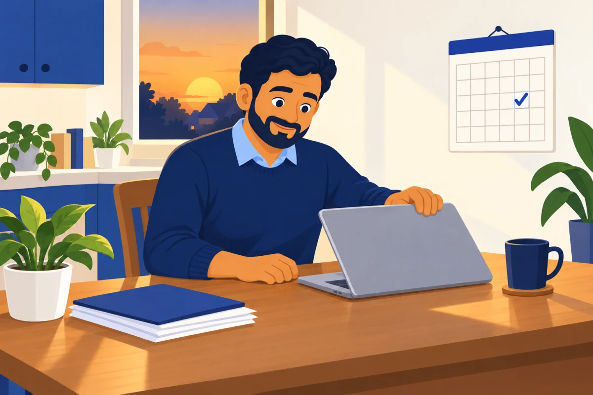 Illustration: the owner smiling and closing his laptop at the end of the day, with a check mark on the calendar
